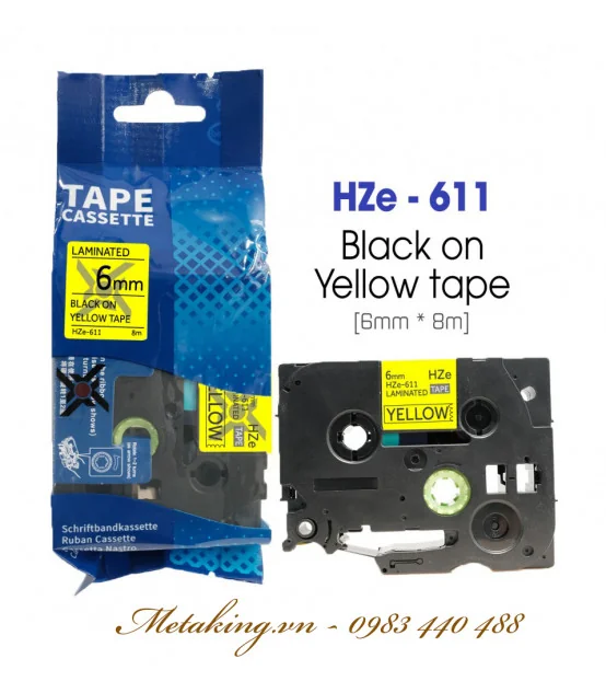 Nhãn HZe-611 (TZe-611), 6mm X 8m, Chữ đen - nền vàng | AIMO Việt Nam