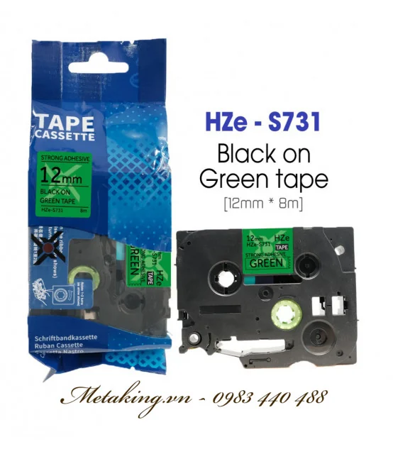 Nhãn HZe-S731 (TZe-S731), 12mm X 8m, Chữ đen - nền xanh lá | AIMO Việt Nam