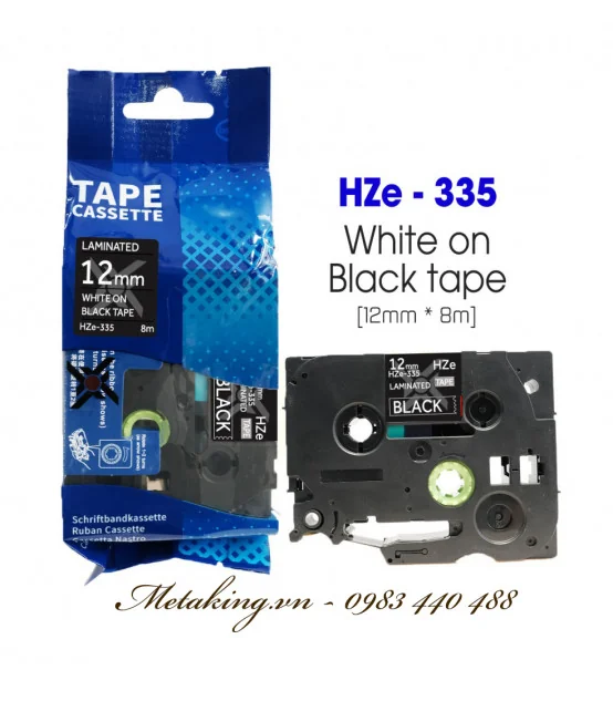 Nhãn HZe-335 (TZE-335), 12mm X 8m, Chữ trắng - nền đen | AIMO Việt Nam