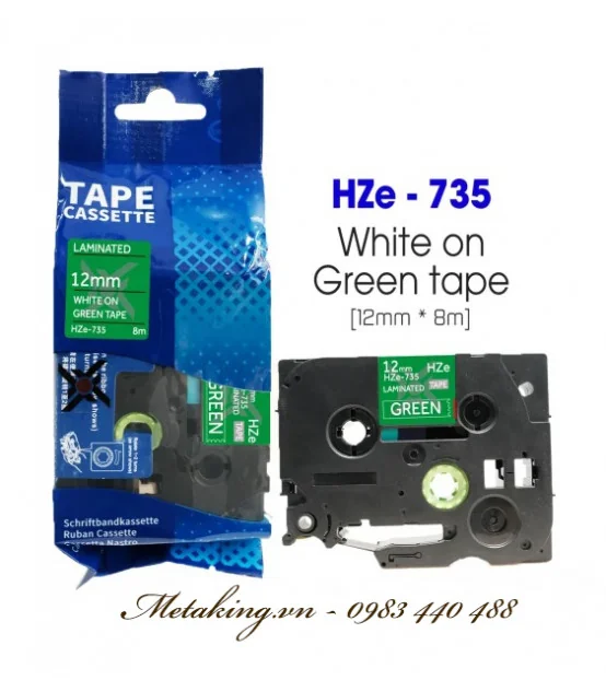 Nhãn HZe-735 (TZe-735), 12mm X 8m, Chữ trắng - nền xanh lá | AIMO Việt Nam