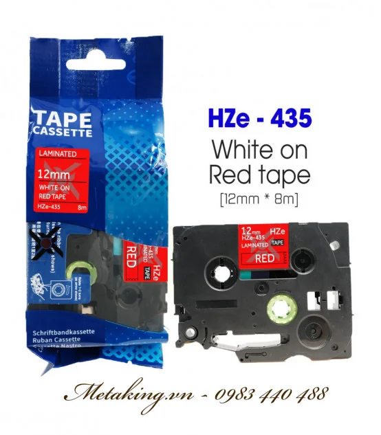 Nhãn HZe-435 (TZe-435), 12mm X 8m, Chữ trắng - nền đỏ | AIMO Việt Nam