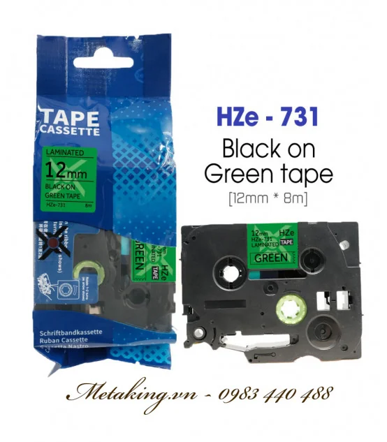 Nhãn HZe-731 (TZe-731), 12mm X 8m, Chữ đen - nền xanh lá | AIMO Việt Nam