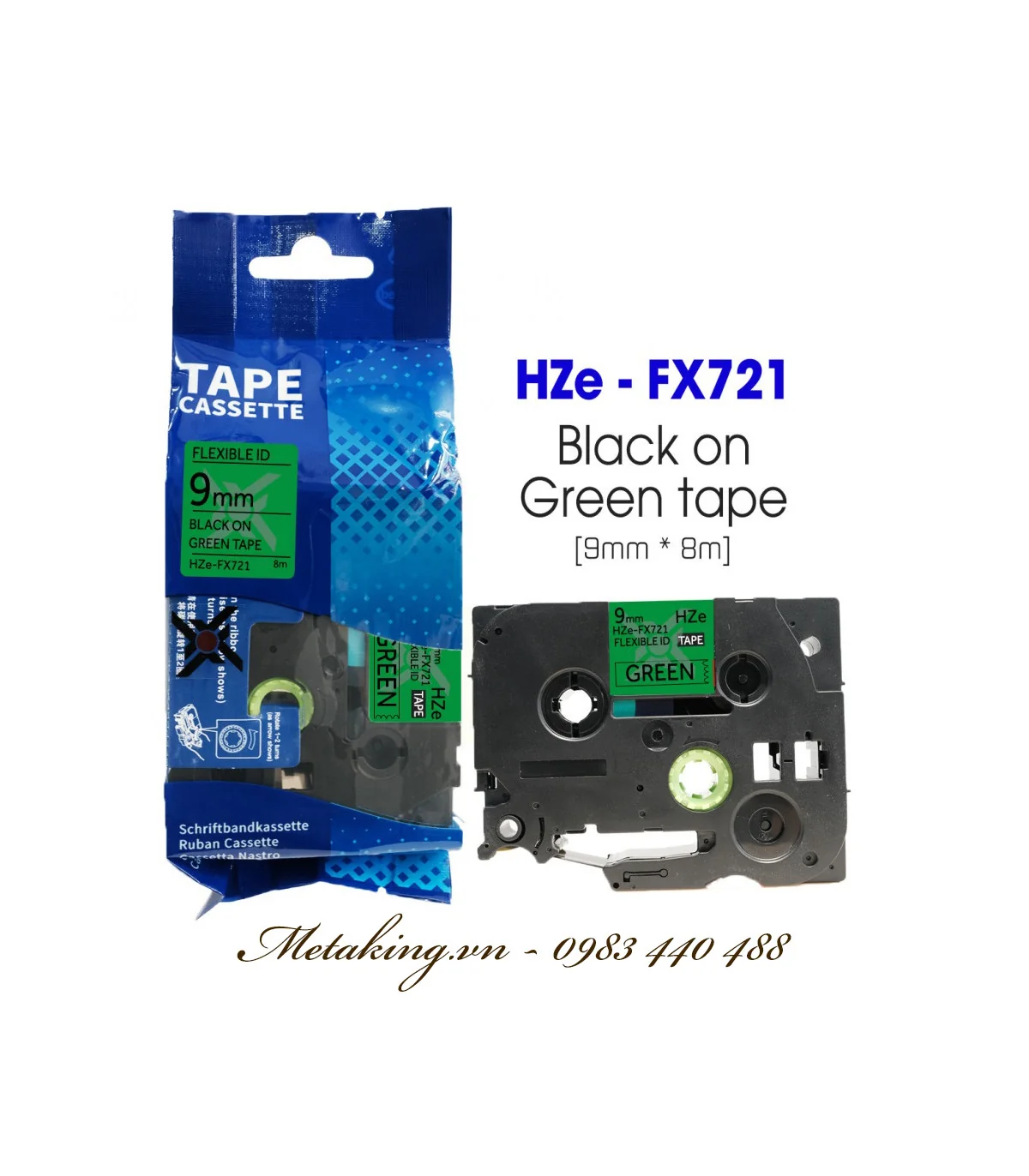 Nhãn HZe-FX721 (TZe-FX721), 9mm X 8m, Chữ đen - nền xanh lá | AIMO Việt Nam