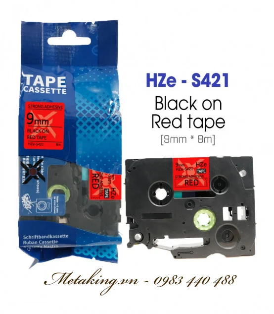 Nhãn HZe-S421 (TZe-S421), 9mm X 8m, Chữ đen - nền đỏ | AIMO Việt Nam
