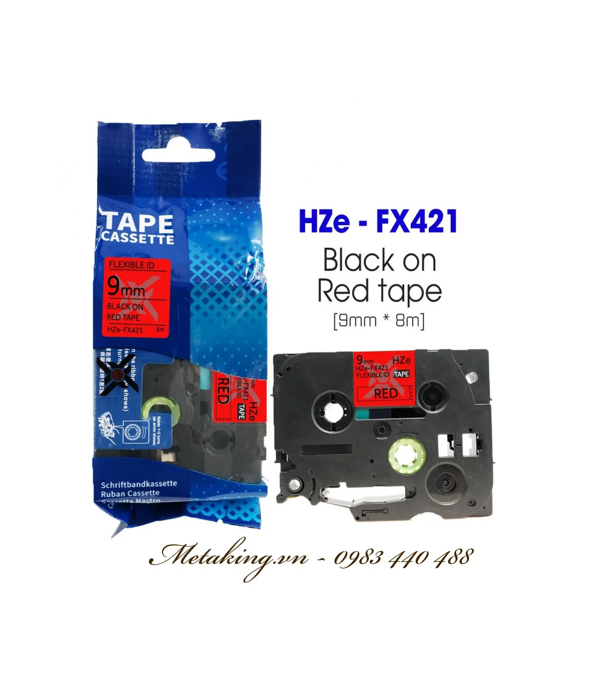 Nhãn HZe-FX421 (TZe-FX421), 9mm X 8m, Chữ đen - nền đỏ | AIMO Việt Nam