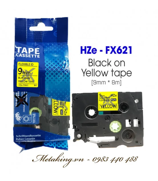 Nhãn HZe-FX621 (TZe-FX621), 9mm X 8m, Chữ đen - nền vàng | AIMO Việt Nam