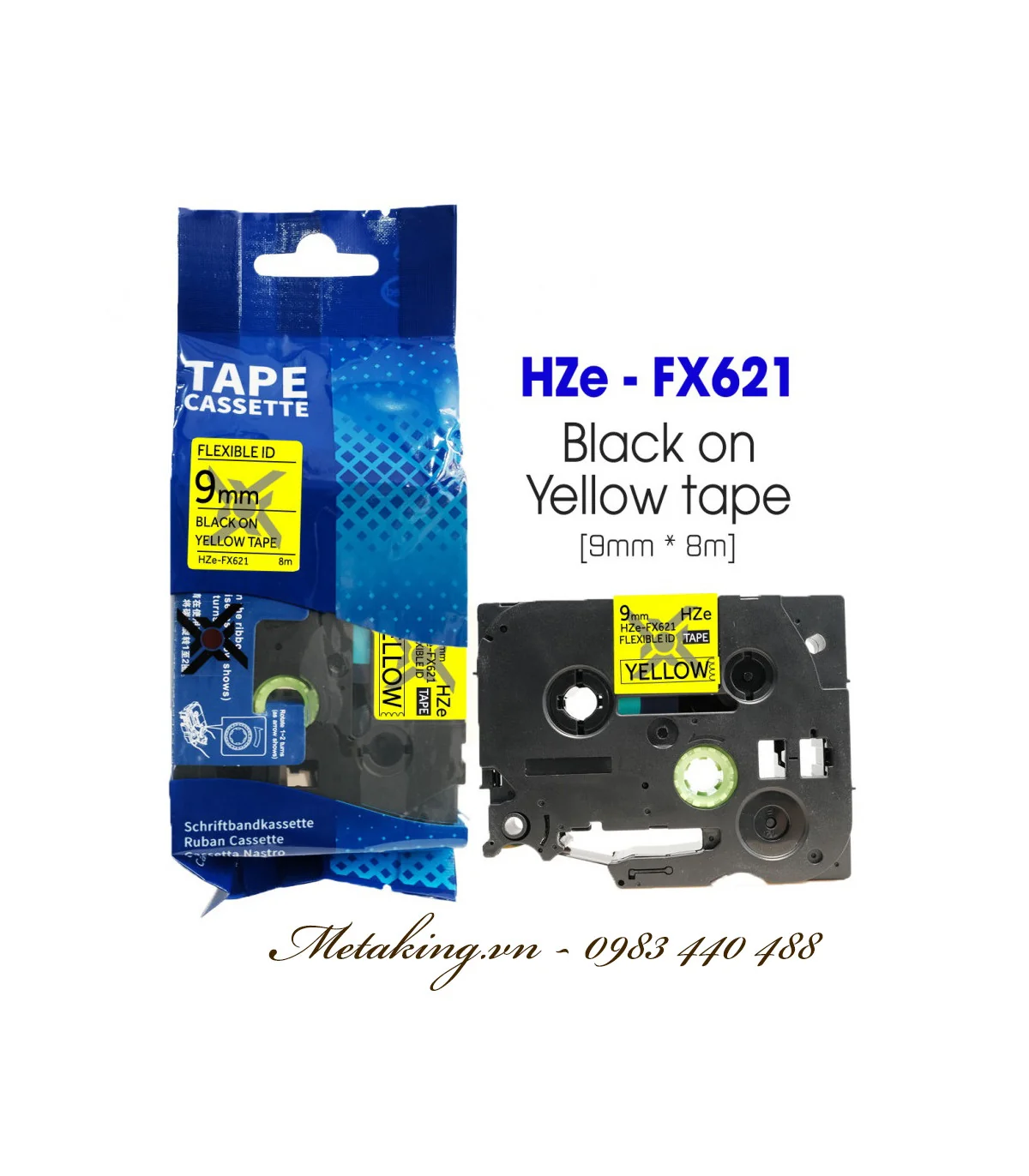 Nhãn HZe-FX621 (TZe-FX621), 9mm X 8m, Chữ đen - nền vàng | AIMO Việt Nam