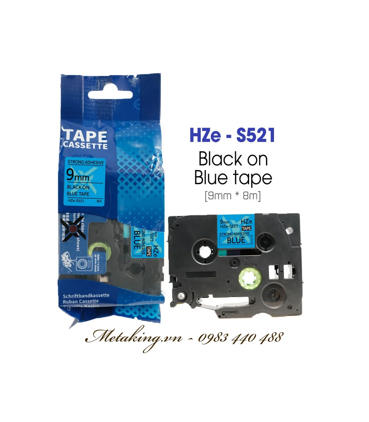 Nhãn HZe-S521 (TZe-S521), 9mm X 8m, Chữ đen - nền xanh dương | AIMO Việt Nam