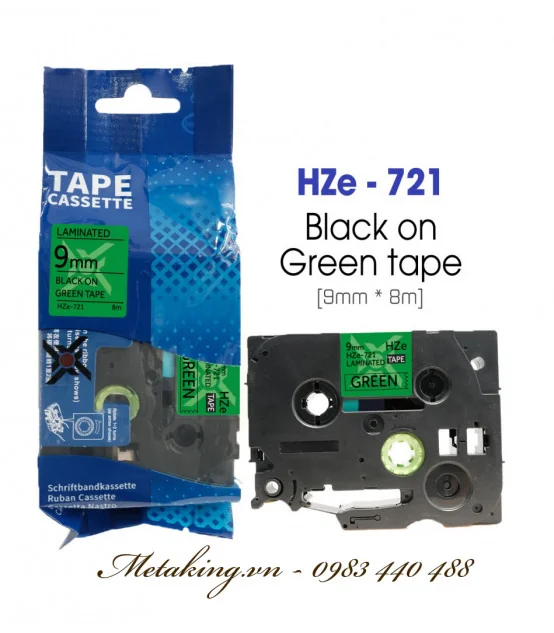Nhãn HZe-721 (TZe-721), 9mm X 8m, Chữ đen - nền xanh lá | AIMO Việt Nam