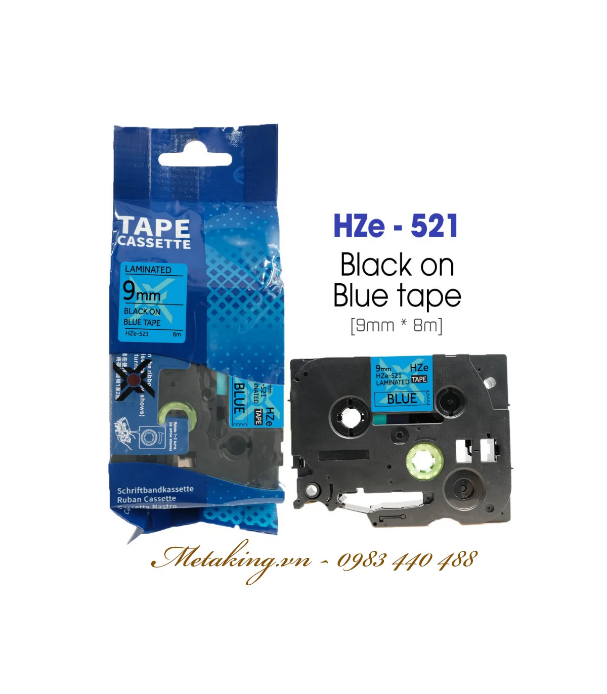 Nhãn HZe-521 (TZe-521), 9mm X 8m, Chữ đen - nền xanh dương | AIMO Việt Nam