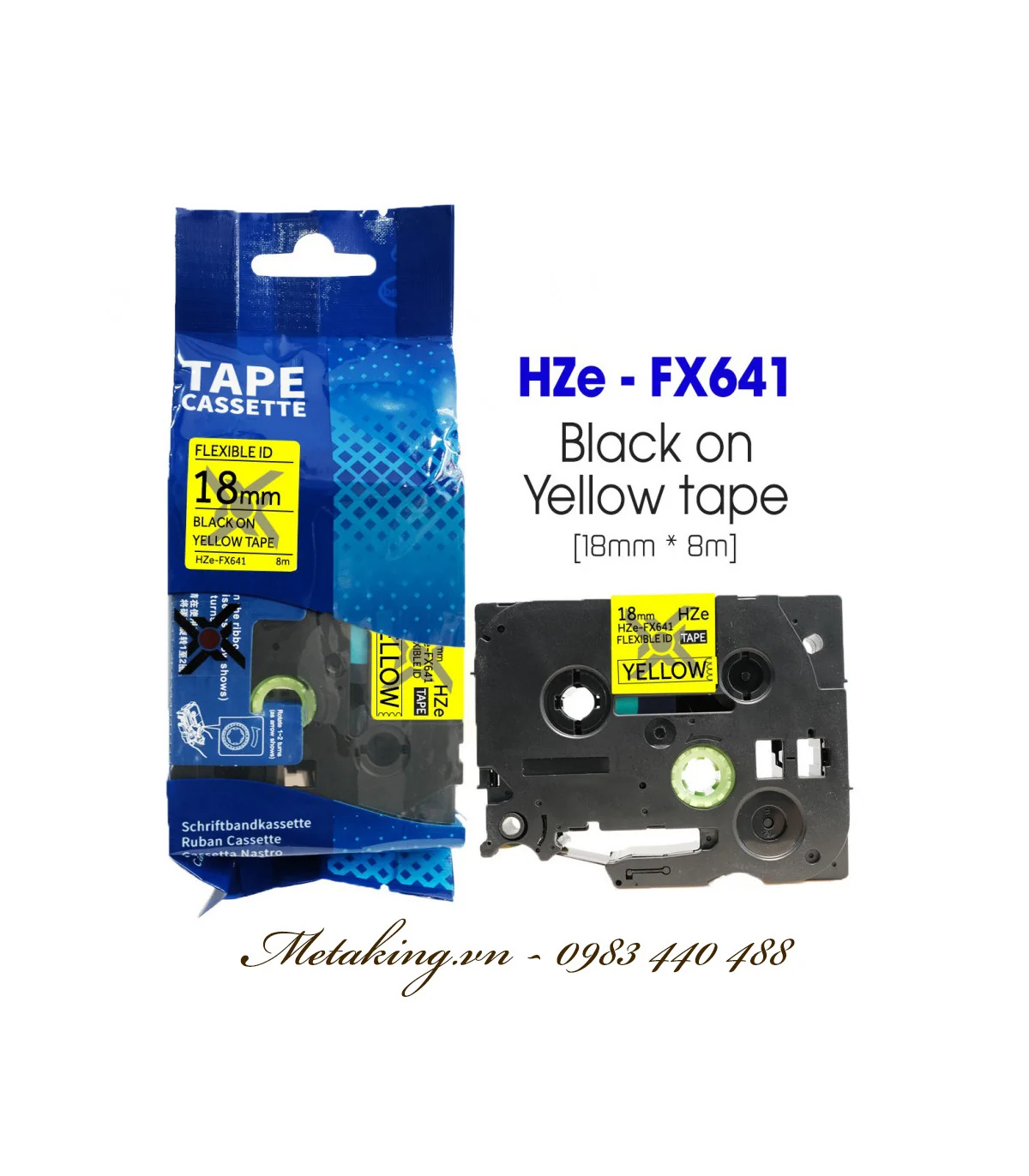 Nhãn HZe-FX641 (TZe-FX641), 18mm X 8m, Chữ đen - nền vàng | AIMO Việt Nam