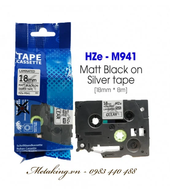 Nhãn HZe-M941 (TZe-M941), 18mm X 8m, Chữ đen - nền bạc | AIMO Việt Nam