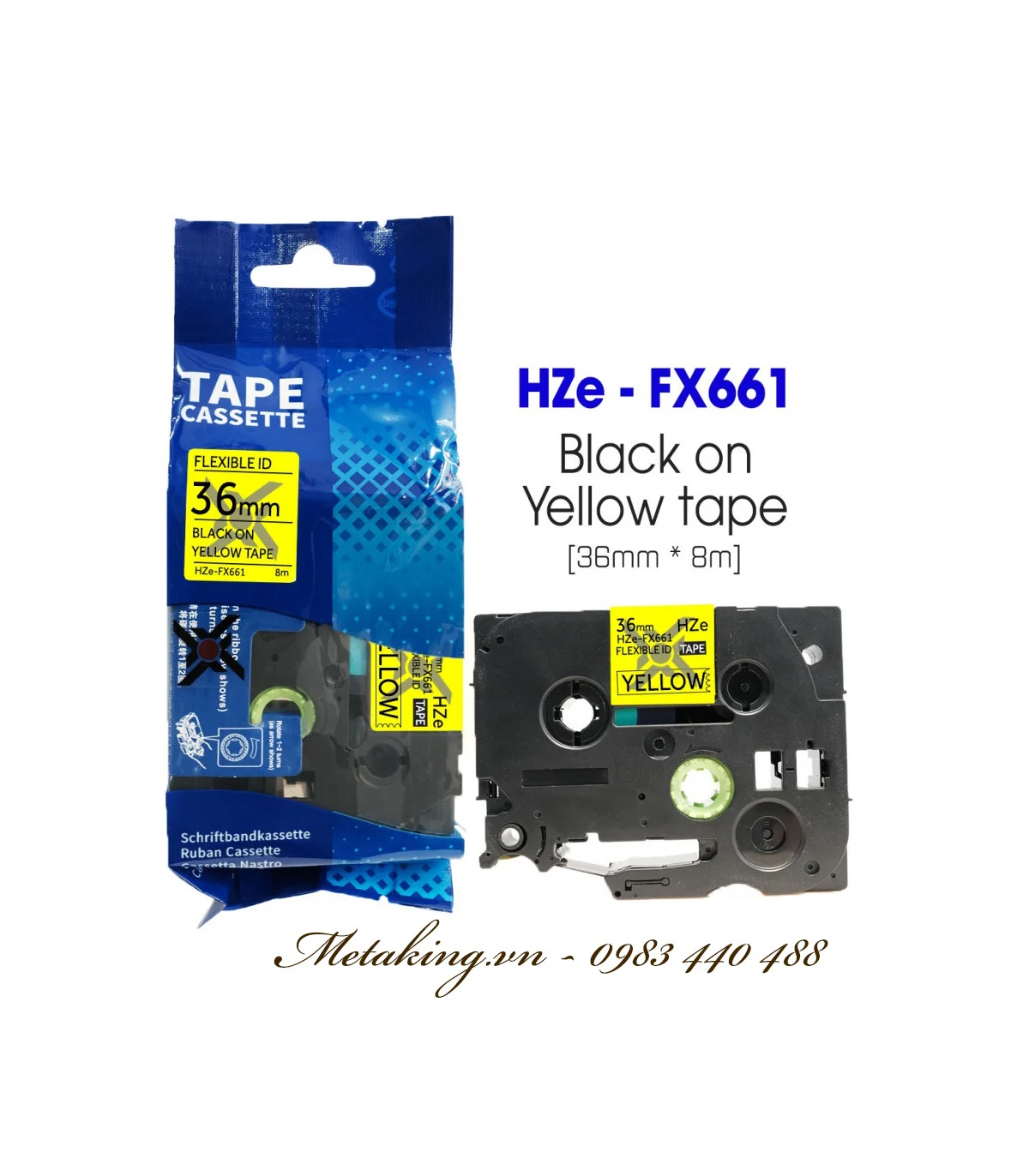 Nhãn HZe-FX661 (TZe-FX661), 36mm X 8m, Chữ đen - nền vàng | AIMO Việt Nam