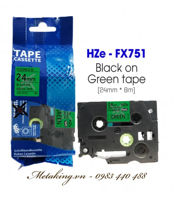 Nhãn HZe-FX751 (TZe-FX751), 24mm X 8m, Chữ đen - nền xanh lá | AIMO Việt Nam