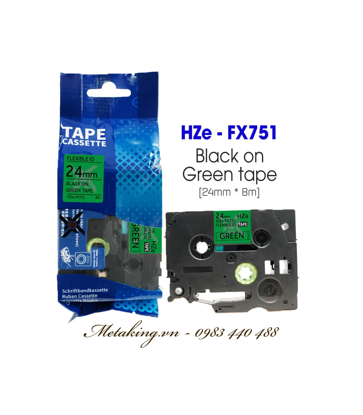 Nhãn HZe-FX751 (TZe-FX751), 24mm X 8m, Chữ đen - nền xanh lá | AIMO Việt Nam