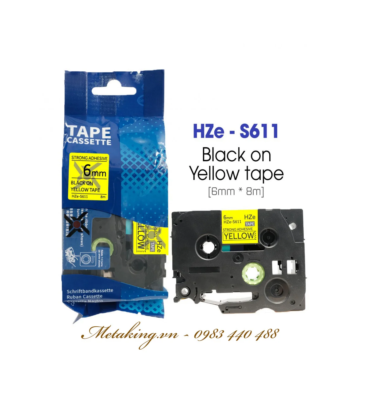 Nhãn HZe-S611 (TZe-S611), 6mm X 8m, Chữ đen - nền vàng | AIMO Việt Nam