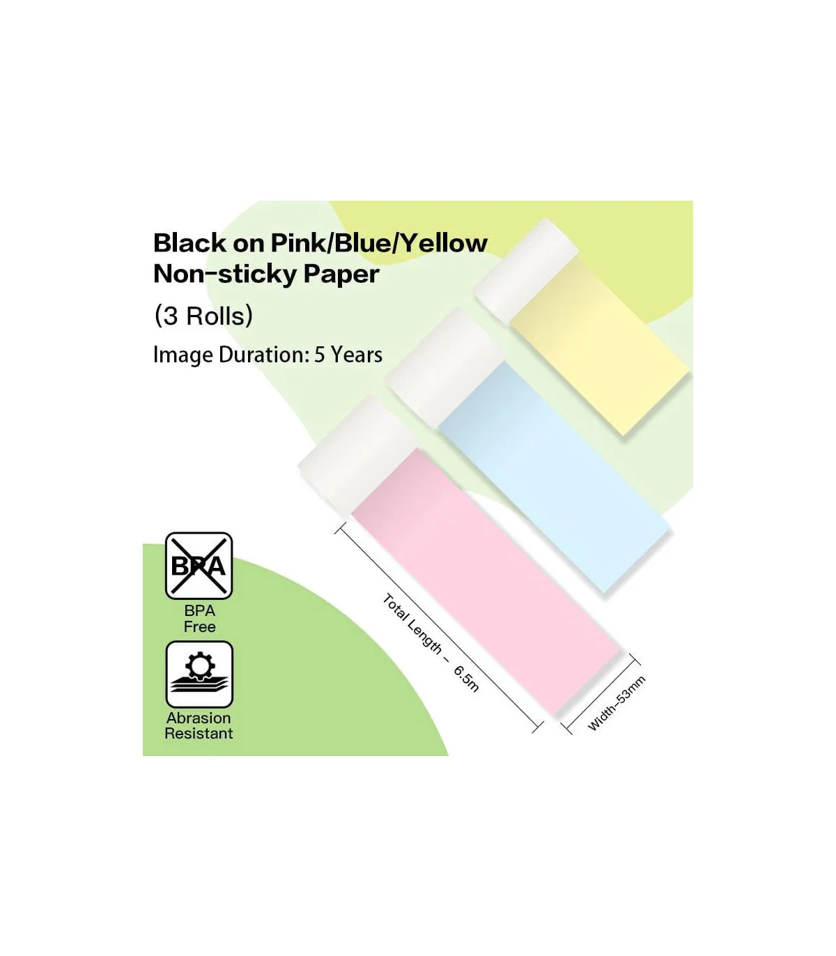 Giấy in nhiệt Vàng/Hồng/Xanh cho T02, 53mm X 6.5m, KT-RMYPB, không keo | AIMO Việt Nam