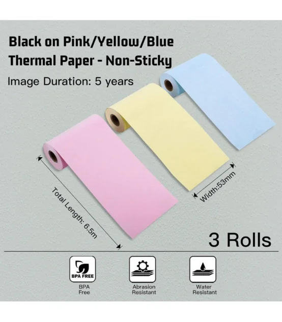 Giấy in nhiệt Vàng/Hồng/Xanh cho T02, 53mm X 6.5m, KT-RMYPB, không keo | AIMO Việt Nam