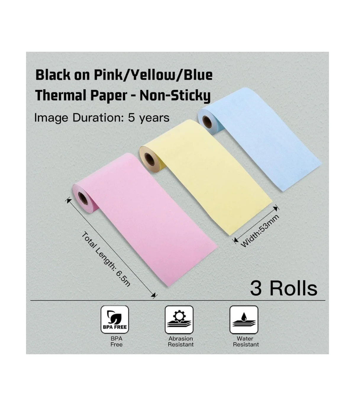 Giấy in nhiệt Vàng/Hồng/Xanh cho T02, 53mm X 6.5m, KT-RMYPB, không keo | AIMO Việt Nam