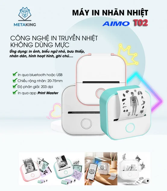 Máy in nhãn mini T02, Bluetooth, in không mực | AIMO Việt Nam