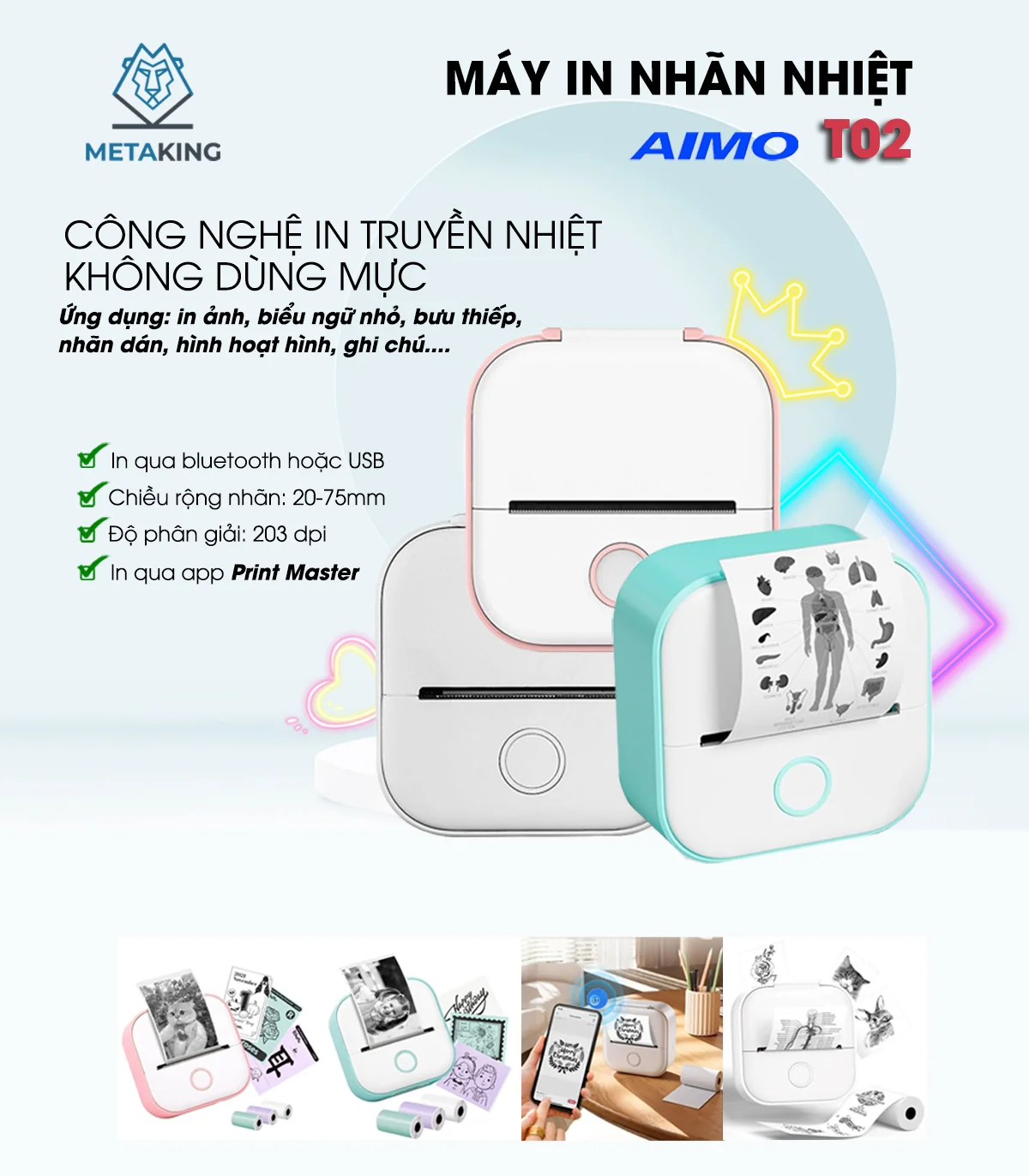 Máy in nhãn mini T02, Bluetooth, in không mực | AIMO Việt Nam