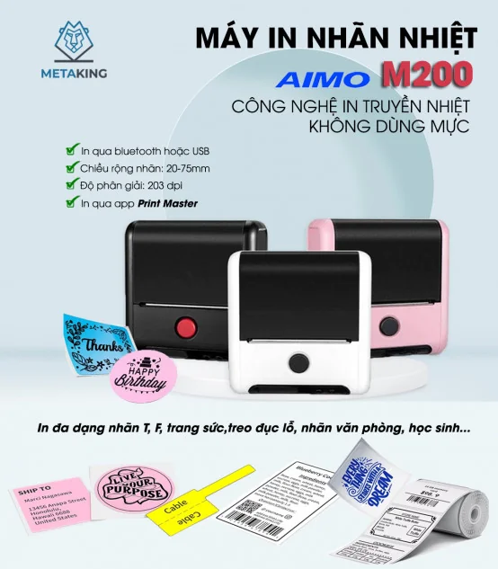 Máy in nhãn mini M200, Bluetooth, cầm tay di động | AIMO Việt Nam