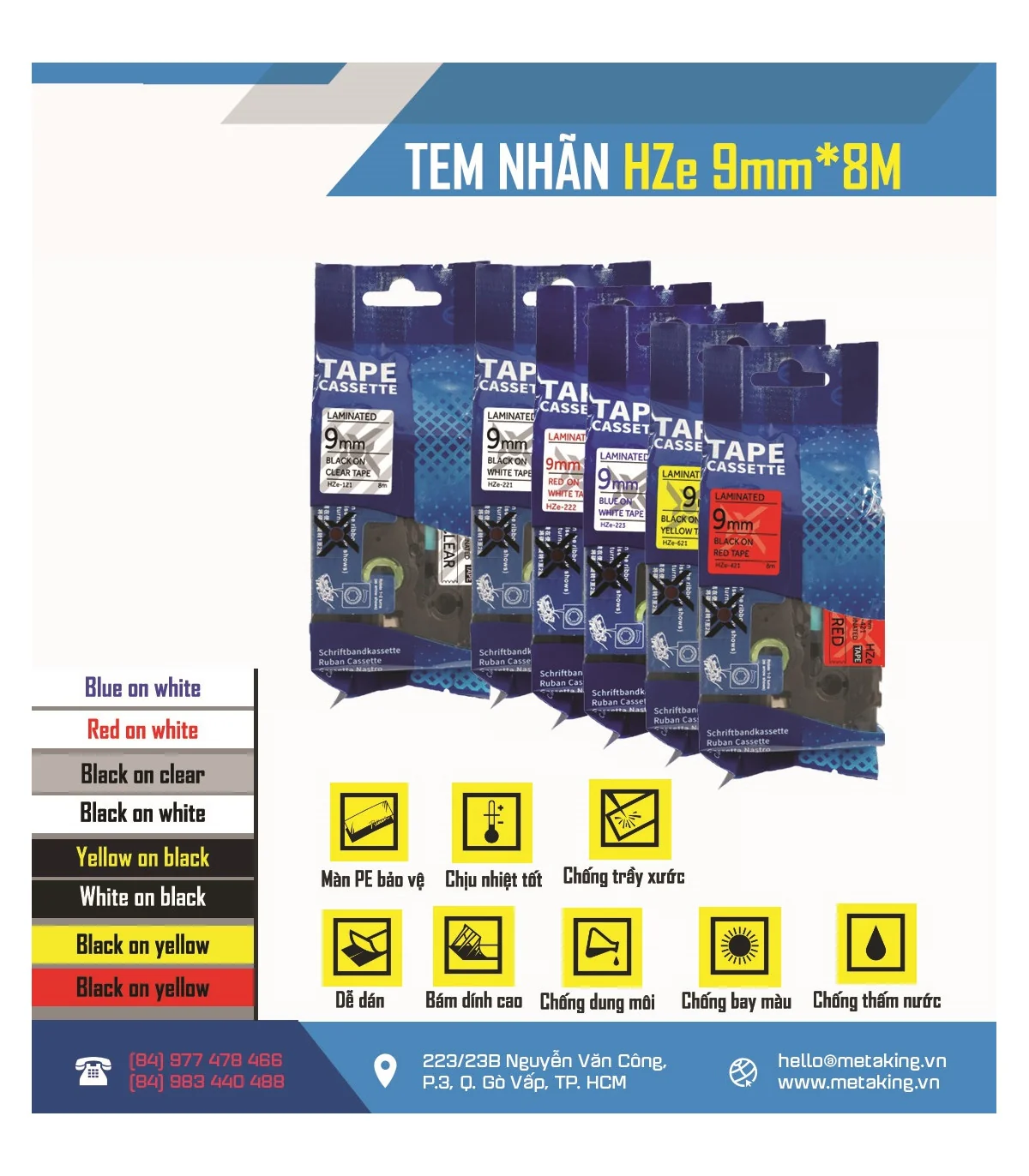 Nhãn HZe-223 (TZe-223), 9mm X 8m, Chữ xanh - nền trắng | AIMO Việt Nam