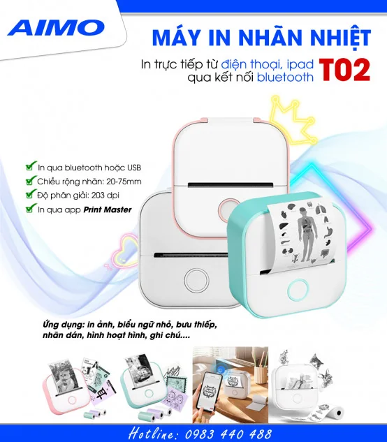 Máy in nhãn mini T02, Bluetooth, in không mực | AIMO Việt Nam