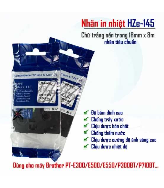 Nhãn HZe-145 (TZe-145), 18mm X 8m, Chữ trắng - nền trong | AIMO Việt Nam