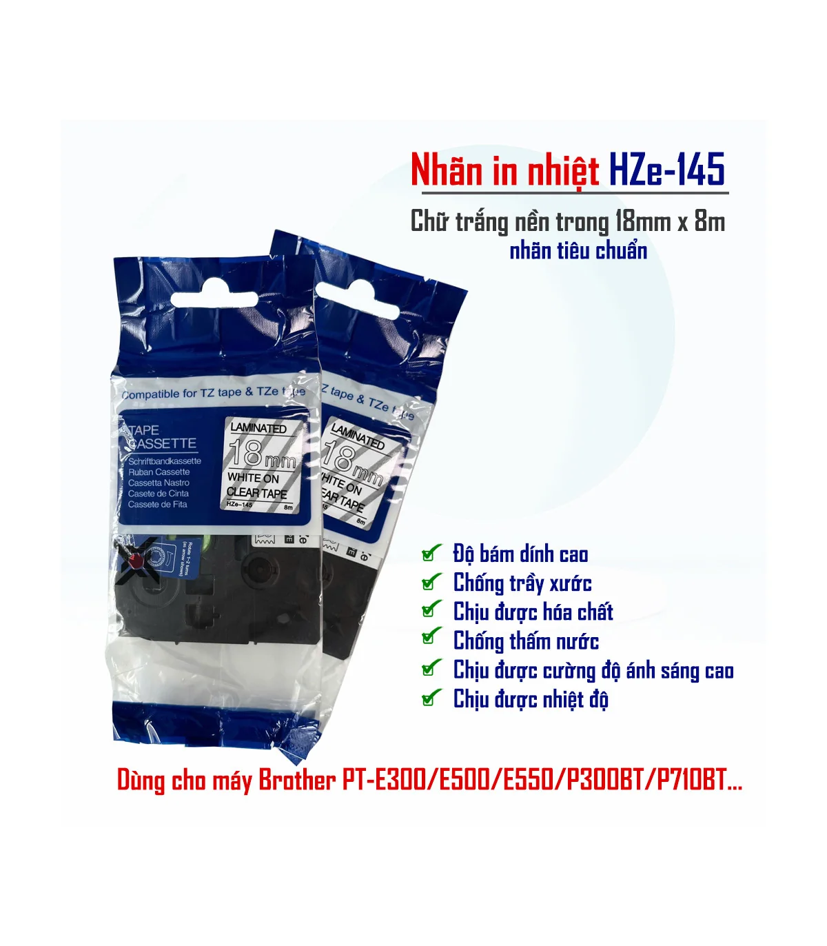 Nhãn HZe-145 (TZe-145), 18mm X 8m, Chữ trắng - nền trong | AIMO Việt Nam