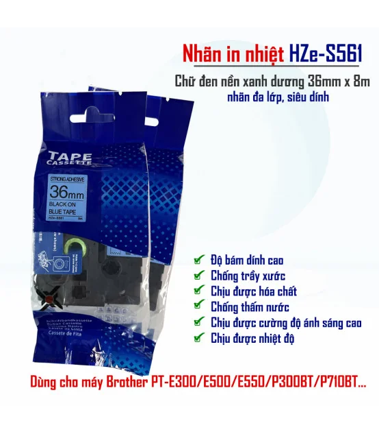 Nhãn HZe-S561 (TZe-S561), 36mm X 8m, Chữ đen - nền xanh dương | AIMO Việt Nam