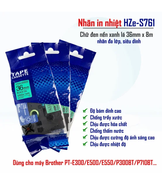 Nhãn HZe-S761 (TZe-S761), 36mm X 8m, Chữ đen - nền xanh lá | AIMO Việt Nam
