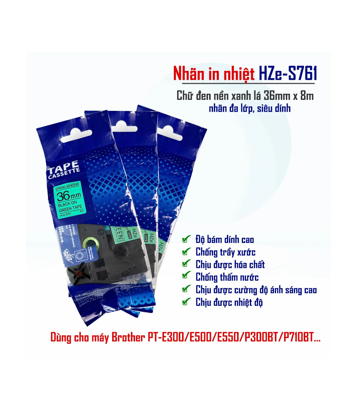 Nhãn HZe-S761 (TZe-S761), 36mm X 8m, Chữ đen - nền xanh lá | AIMO Việt Nam