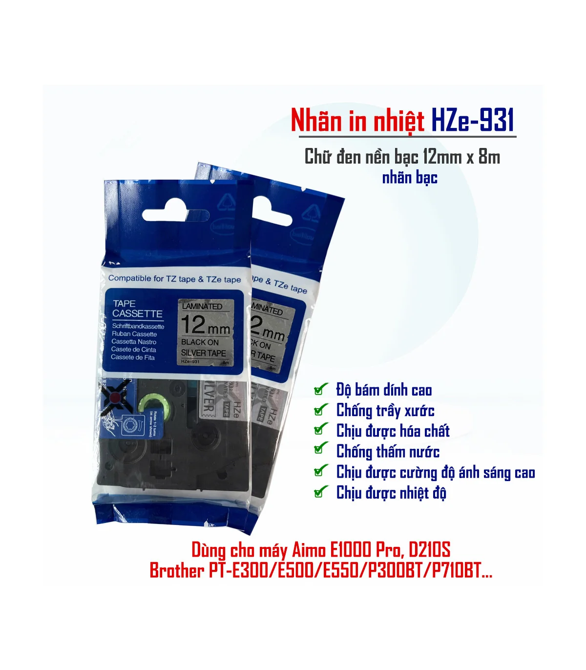 Nhãn HZe-931 (TZe-931), 12mm X 8m, Chữ đen - nền bạc | AIMO Việt Nam