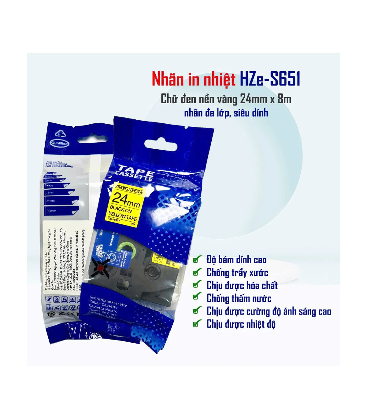Nhãn HZe-S651 (TZe-S651), 24mm X 8m, Chữ đen - nền vàng | AIMO Việt Nam