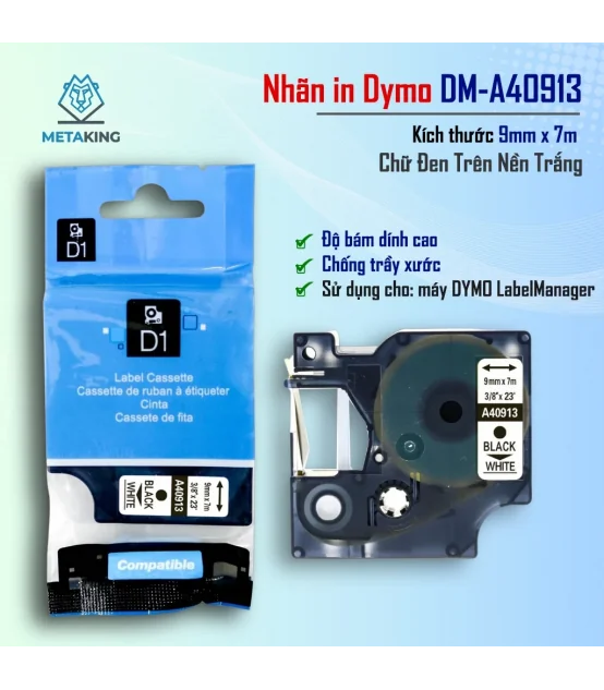 Dymo DM-A40913, [9mm x 7m], Chữ đen nền trắng | AIMO Việt Nam