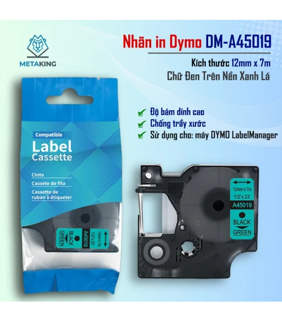 Dymo DM-A45019, [12mm x 7m], Chữ đen nền xanh lá | AIMO Việt Nam