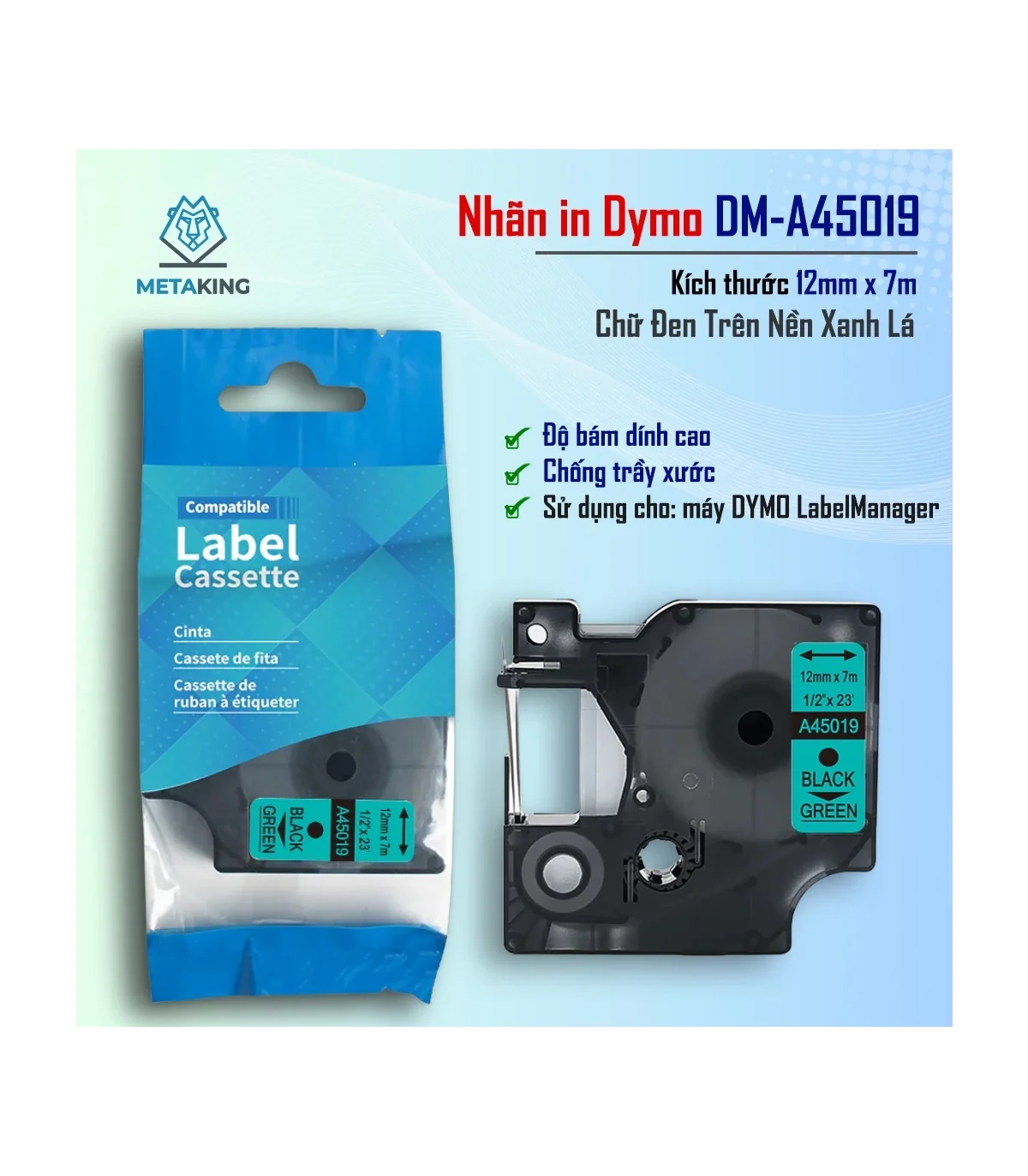 Dymo DM-A45019, [12mm x 7m], Chữ đen nền xanh lá | AIMO Việt Nam