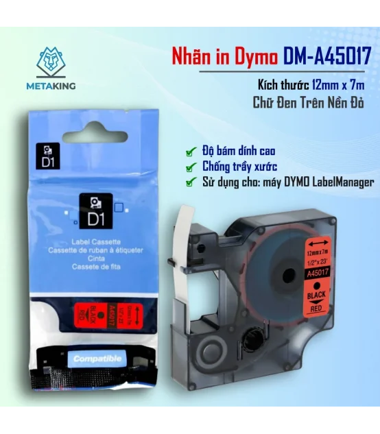 Dymo DM-A45017, [12mm x 7m], Chữ đen nền đỏ | AIMO Việt Nam
