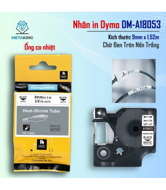 Ống co nhiệt Dymo DM-A18053, [9mm x 7m], Chữ đen nền trắng | AIMO Việt Nam