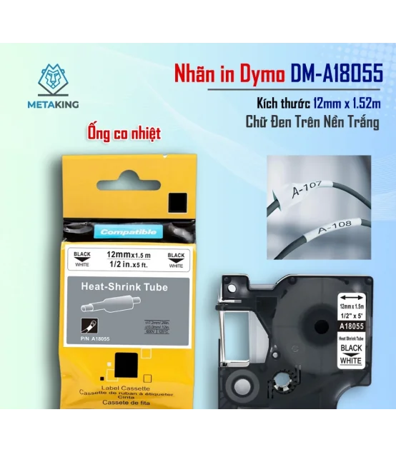 Ống co nhiệt Dymo DM-A18055, [12mm x 7m], Chữ đen nền trắng | AIMO Việt Nam