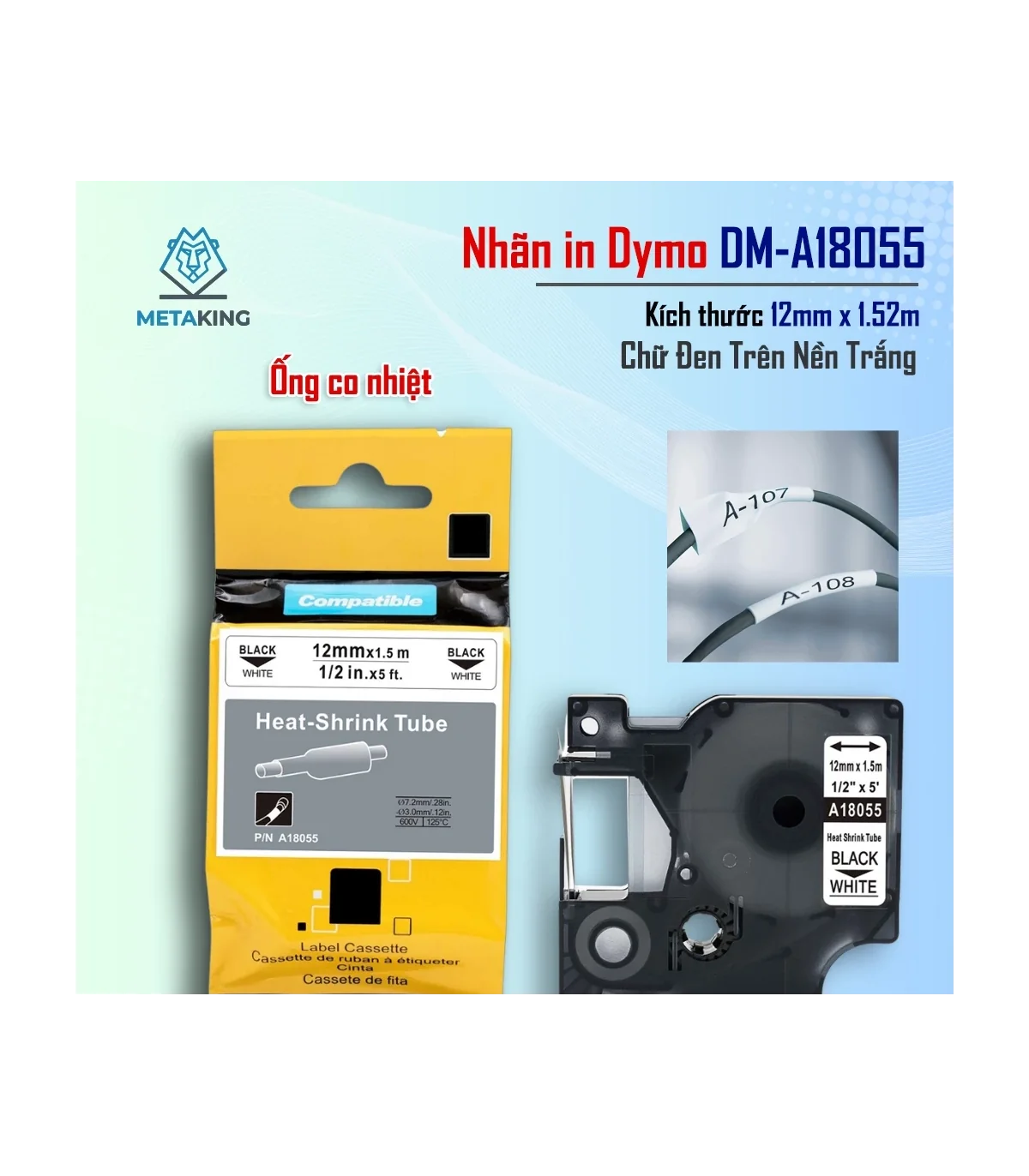 Ống co nhiệt Dymo DM-A18055, [12mm x 7m], Chữ đen nền trắng | AIMO Việt Nam